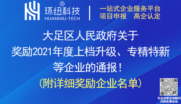 大足區2021年度上檔升級專精特新等企業獎勵名單